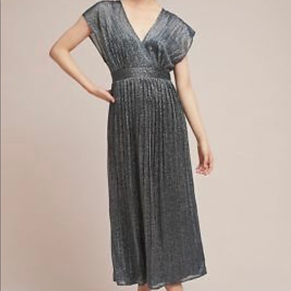 Anthropologie Moulinette Soeurs metallic wrap sparkle shimmer blue midi dress